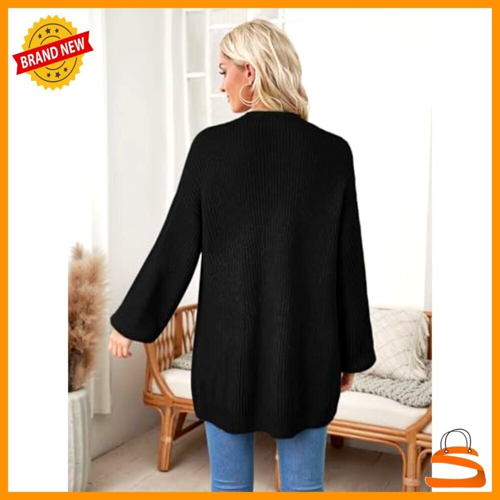 Oversized Long Cardigan Chunky Waffle Knit Open Front Bell Sleeves - Picture 3 of 6